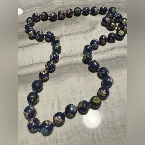 Vintage 32” Chinese Cloisonné Blue Floral Hand Knotted Necklace, Signe